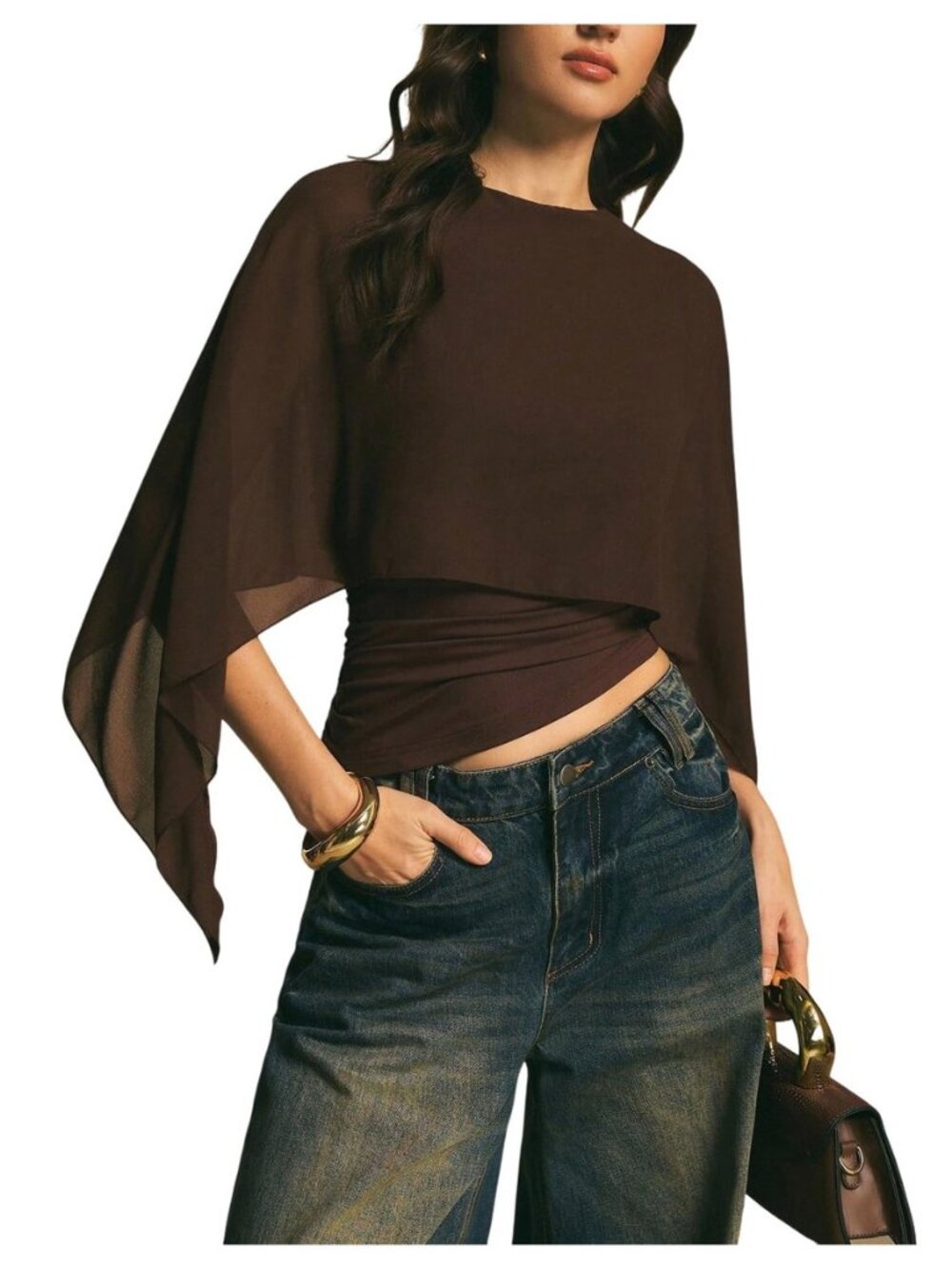 Women's Cape Top Chiffon Asymmetrical Poncho 3/4 Sleeve Tops